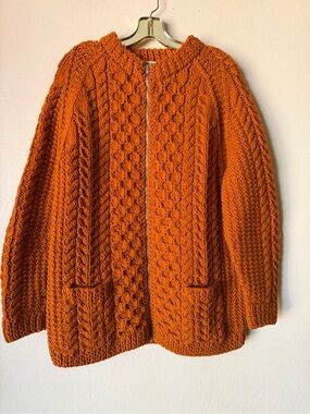 Vintage cable knit cardigan heavy wool  handmade burnt orange